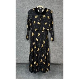 Karin Stevens Dress Womens Size 8 Maxi‎ Black Velvet Collar 90s Autumn Leaf VTG
